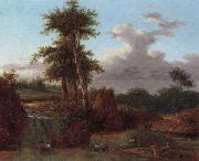 A Wooded landscape with an artist sketching at the base of a waterfall,anmals drinking in a pool nearby unknow artist